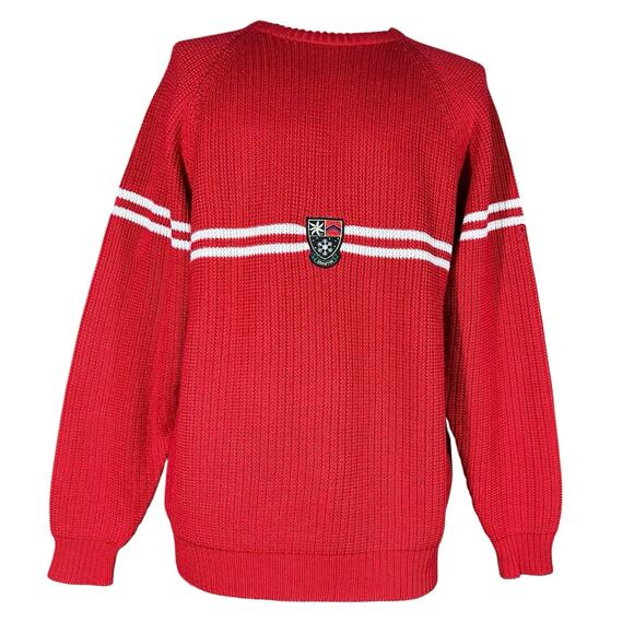 Vtg Demetre Red Wool Blend Ski Sweater White Stripes Crest Patch Chunky Ribbed L - Picture 1 of 6